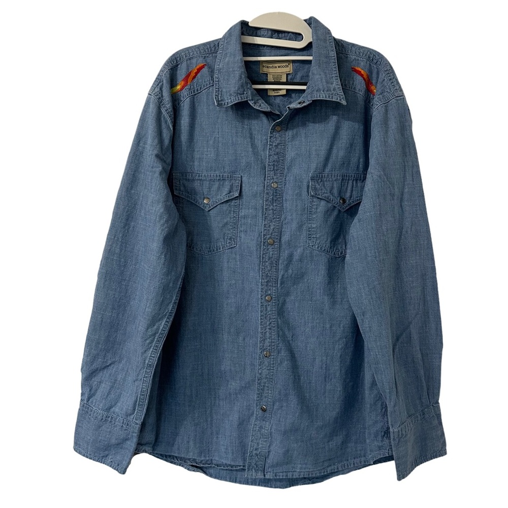 Scandia Woods Mens Chambray Shirt Snap Front Colorful Embroidered‎ Sun Size L